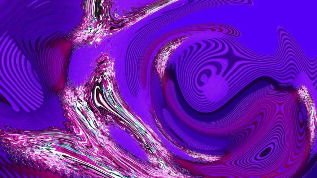 Abstract swirls of purple and white are showcased.